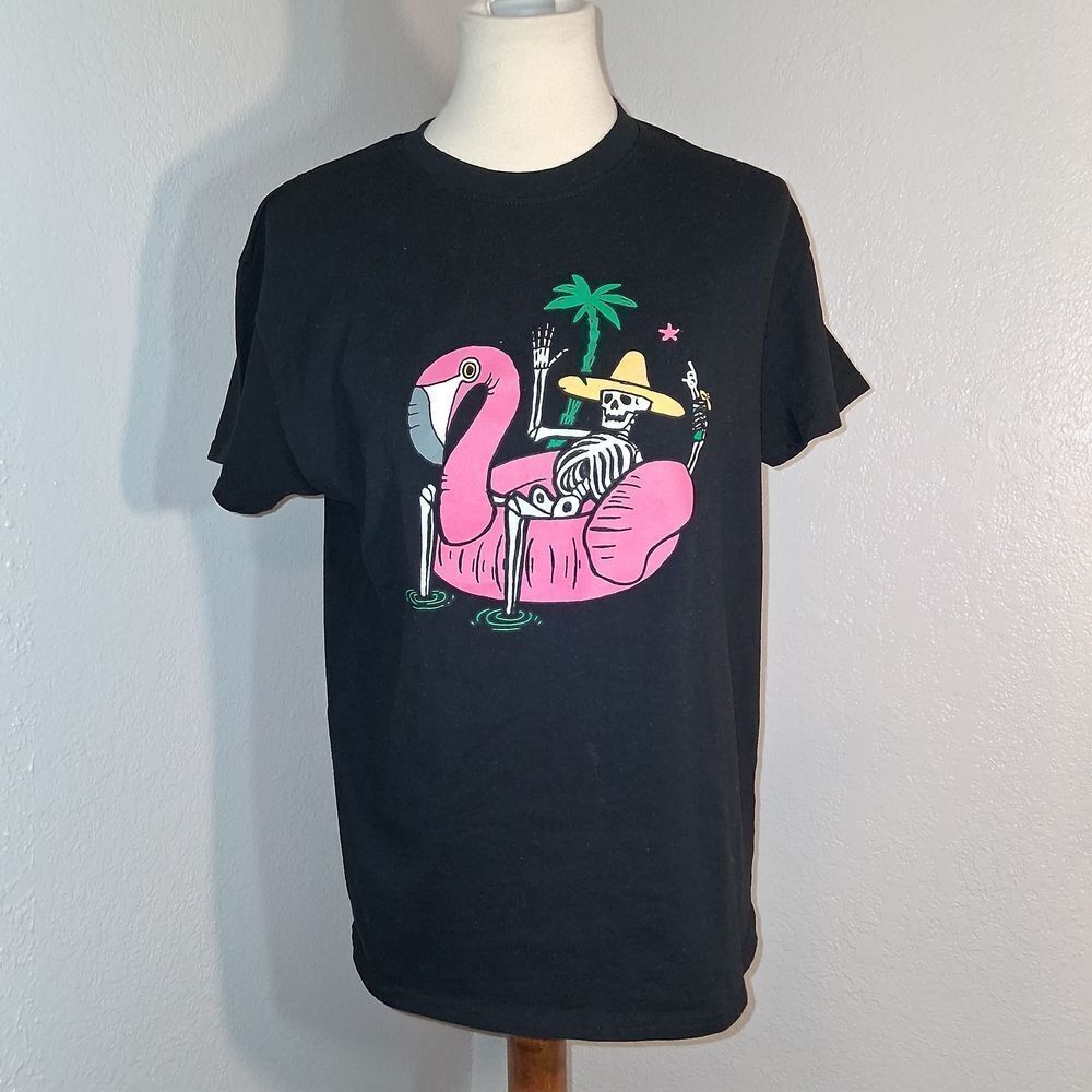 Brisco Brands Black T-Shirt with Skeleton Flamingo Print Size Large